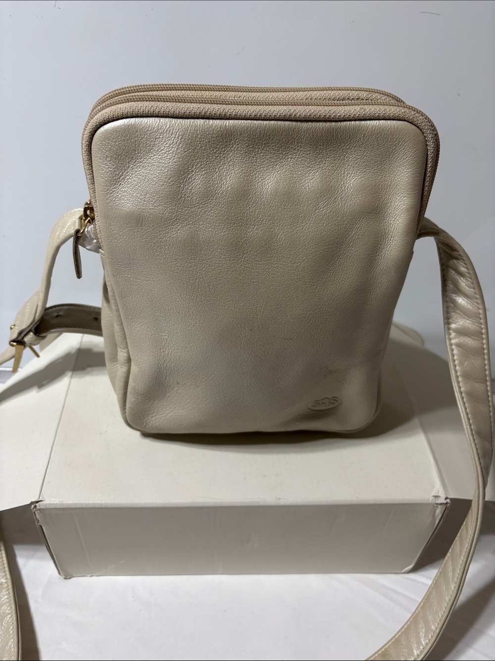 SAS Beige Leather egg white/cream shoulder/ crossbody organizer leather bag.